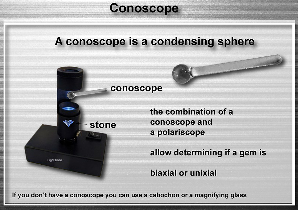 Conoscope is a condensing sphere allowing to determine if a gem is unixial or biaxial