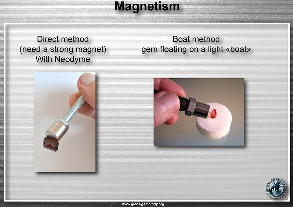 Method to assess magnetism of a gem, direct method with strong magnet (Neodyme) or boat method gem floating on a boat