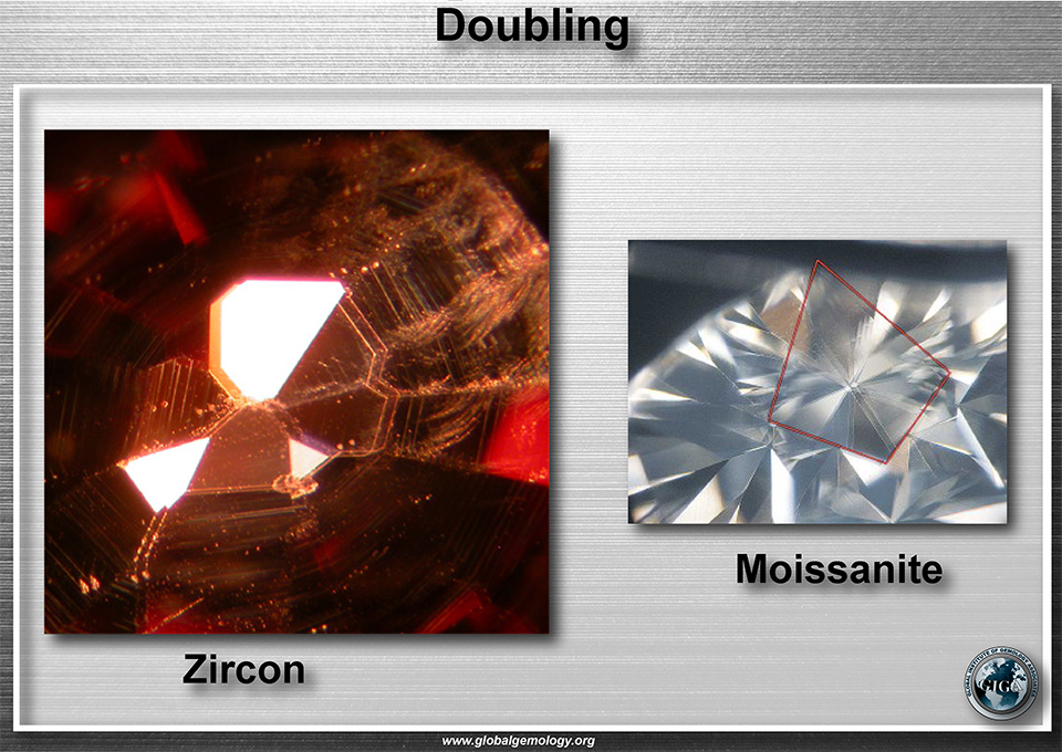 Doubling in Mossanite and Zircon
