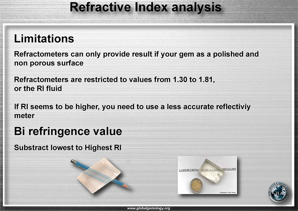 Limitation of the refractive index analysis, need a polished  non porous surface. refractometer is limited to value between 1.30 and 1.81